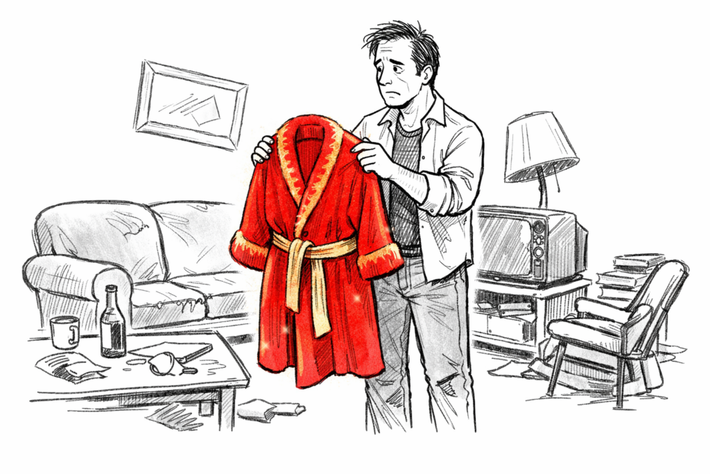 Ilustração editorial de um homem em pé numa sala de estar antiga e desarrumada, segurando um robe vermelho brilhante e luxuoso. O robe é vibrante e colorido, enquanto o resto da sala e o homem apresentam tons de cinza ou suaves. O homem parece preocupado, observando seus móveis antigos. Fundo branco, composição simples, estética de blog de finanças.