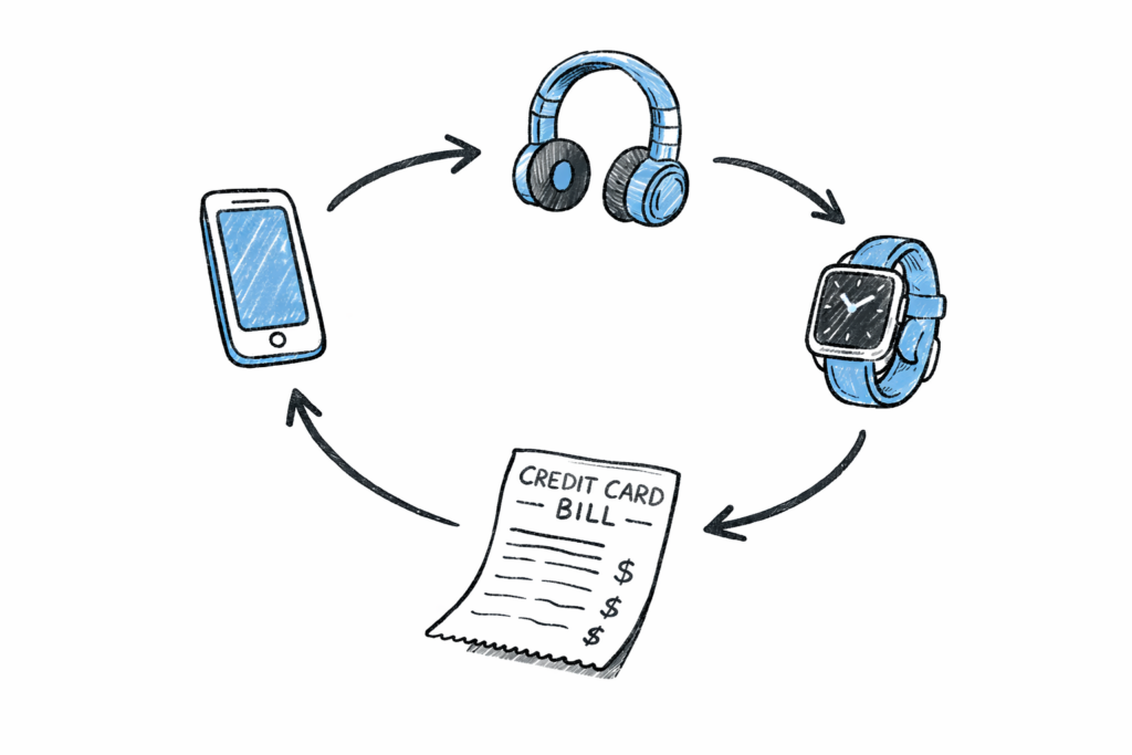 Efeito Diderot - Reação em Cadeia. Um diagrama simples ilustrando uma espiral de consumo. Começa com um smartphone, uma seta apontando para fones de ouvido, outra para um smartwatch e, por fim, uma para a fatura do cartão de crédito. Estilo de ícone desenhado à mão, estética doodle, isolado em fundo branco. Cores azul e cinza escuro.