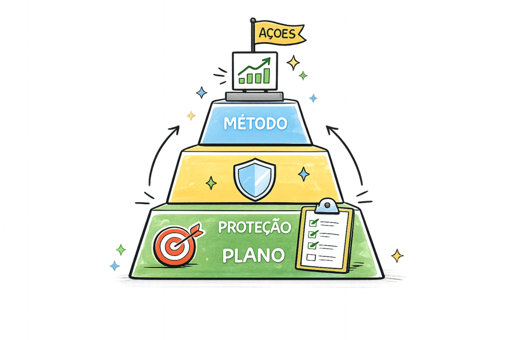 Infográfico mostrando os pilares de como começar a investir em ações: plano, proteção e método