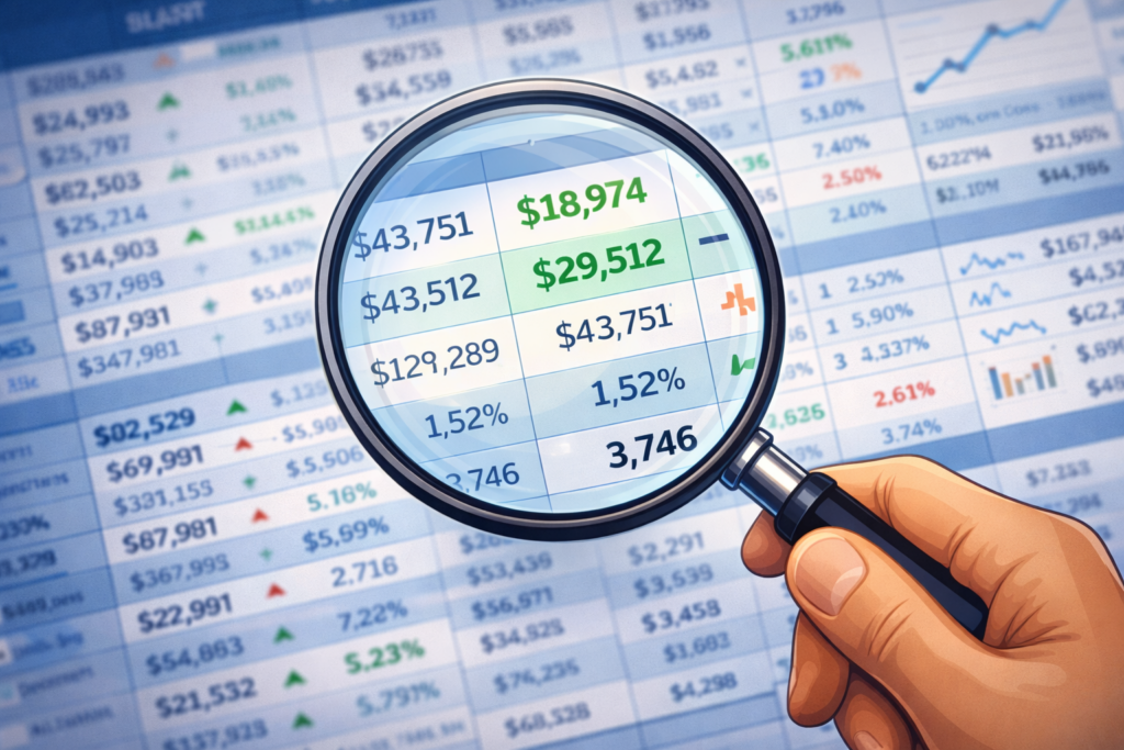 Uma mão segurando uma lupa estilizada sobre uma planilha financeira digital complexa. Onde a lupa passa, os números (que estavam borrados ou confusos) tornam-se nítidos e claros, destacando um número negativo em vermelho e um positivo em verde.