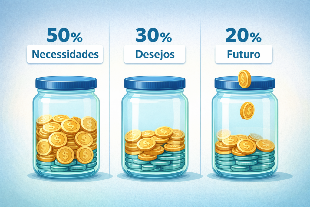 Uma imagem estilo "infográfico". Três potes de vidro modernos ou cofrinhos digitais um ao lado do outro. O primeiro e maior está rotulado "50% Necessidades" e está cheio de moedas. O do meio, "30% Desejos", está um pouco menos cheio. O terceiro, "20% Futuro", está sendo preenchido por uma moeda caindo nele.