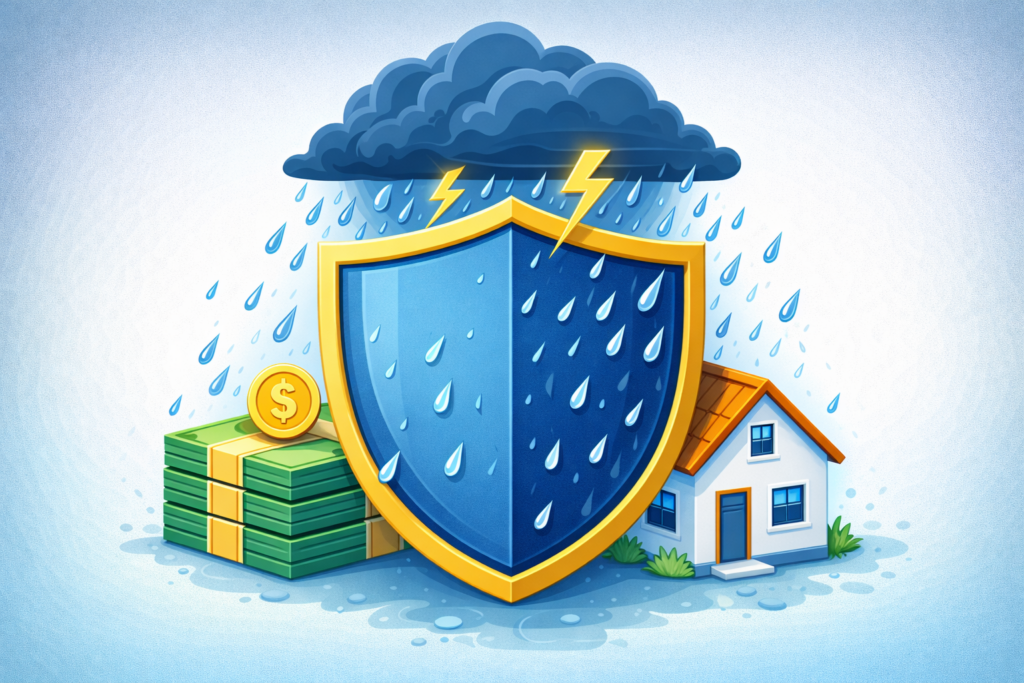 Um ícone de um escudo robusto e brilhante protegendo uma pilha de dinheiro ou uma pequena casa. Acima do escudo, há uma nuvem de chuva cinza com um raio, mas a chuva bate no escudo e não atinge o dinheiro.