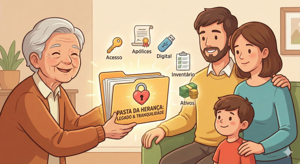Ilustração cartoon de uma senhora entregando uma "Pasta da Herança" organizada para uma família, simbolizando legado e tranquilidade. Ícones de chaves de acesso, apólices, documentos digitais, inventário e ativos financeiros flutuam acima da pasta.