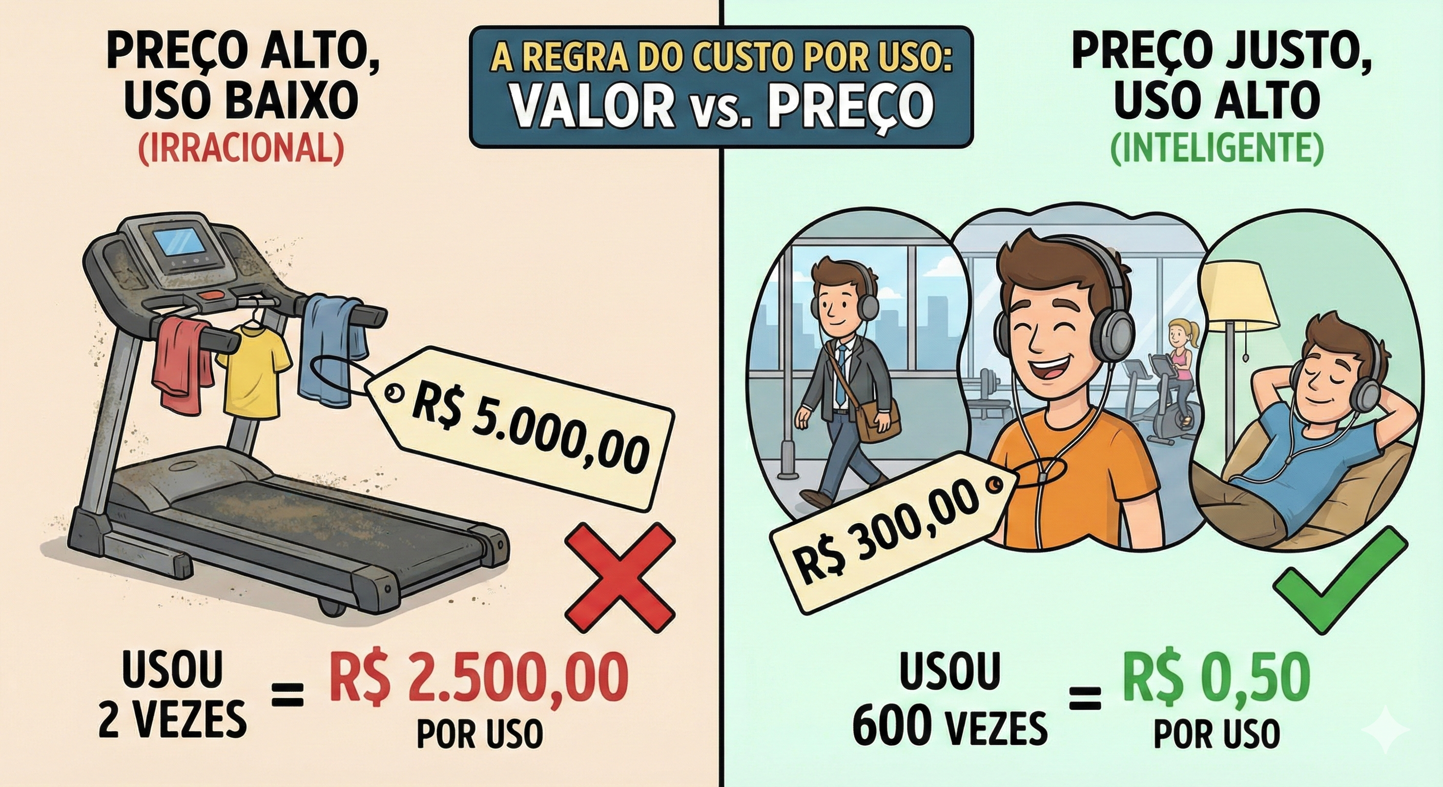 Infográfico comparando o "custo por uso" de uma esteira cara e pouco usada (R$ 2.500/uso) com um fone de ouvido barato e muito usado (R$ 0,50/uso), ilustrando o conceito de valor versus preço.