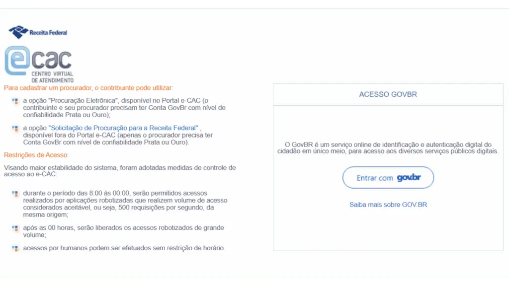 Imagem com a tela de login do e-CAC da Receita Federal