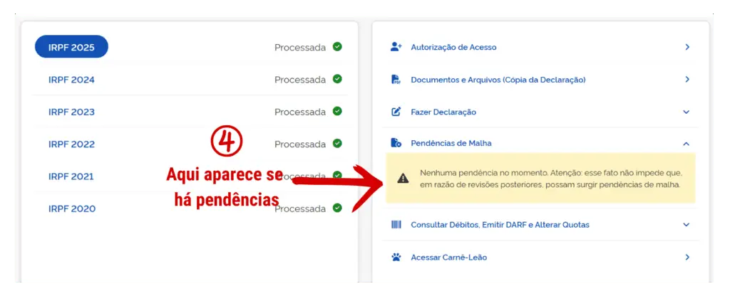 Imagem do sistema da Receita Federal exibindo se há pendência na Malha Fina