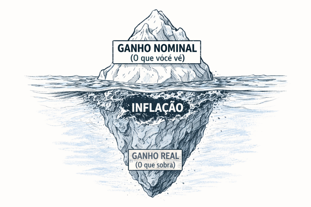 Ilustração em estilo de esboço. Um iceberg flutuando no oceano. A grande parte visível acima da linha d'água está rotulada como "GANHO NOMINAL (O que você vê)". Abaixo da linha d'água, uma grande seção do gelo está sendo erodida por ondas agitadas, rotulada como "INFLAÇÃO". O núcleo sólido restante, em águas profundas, é pequeno e rotulado como "GANHO REAL (O que sobra)". Linhas de lápis desenhadas à mão, minimalista. --ar 3:2
