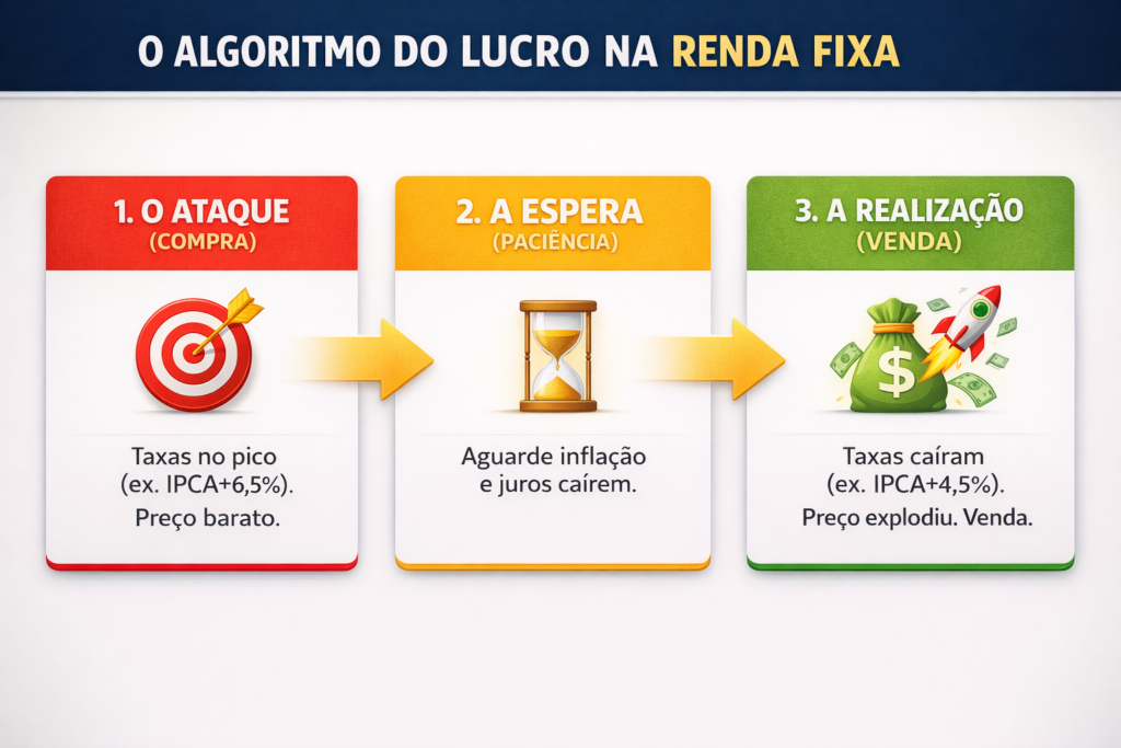 Infográfico financeiro, estilo fluxograma horizontal. Três painéis retangulares conectados por setas grossas. Painel esquerdo (acento avermelhado): Ícone de um alvo. Título "1. O ATAQUE (COMPRA)". Subtexto "Taxas no pico (ex: IPCA+6,5%). Preço barato." Painel intermediário (acento amarelado): Ícone de uma ampulheta. Título "2. A ESPERA (PACIÊNCIA)". Subtexto "Aguarde inflação e juros caem." Painel direito (acento esverdeado): Ícone de uma bolsa de dinheiro com um foguete. Título "3. A REALIZAÇÃO (VENDA)". Subtexto "Taxas caíram (ex: IPCA+4,5%). Preço explodiu. Venda." Título geral no topo: "O ALGORITMO DO LUCRO NA RENDA FIXA".