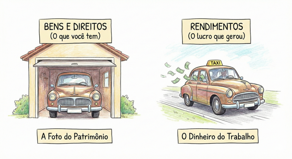 Ilustração explicando a diferença entre Bens e Direitos (patrimônio guardado) e Rendimentos (lucros e dividendos gerados) na declaração de ações no Imposto de Renda 2026.