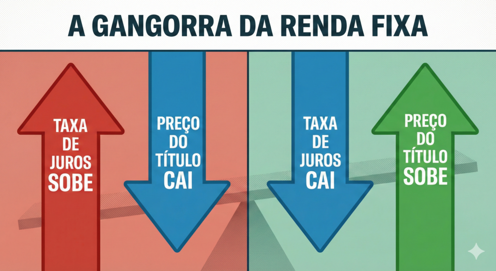 Um infográfico dividido em dois painéis que ilustra a marcação a mercado.
Painel da Esquerda (Fundo avermelhado): Uma seta vermelha grossa apontando para CIMA com o texto "TAXA DE JUROS SOBE". Ao lado, uma seta azul grossa apontando para BAIXO com o texto "PREÇO DO TÍTULO CAI".
Painel da Direita (Fundo esverdeado): Uma seta azul grossa apontando para BAIXO com o texto "TAXA DE JUROS CAI". Ao lado, uma seta verde grossa apontando para CIMA com o texto "PREÇO DO TÍTULO SOBE".
Título do Gráfico: A GANGORRA DA RENDA FIXA