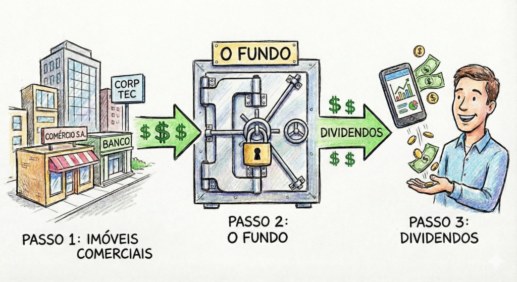 Um diagrama simples e colorido de três etapas mostrando o ciclo da renda passiva em FIIs. Como o aluguel sai do inquilino e chega na sua conta (isento de IR).