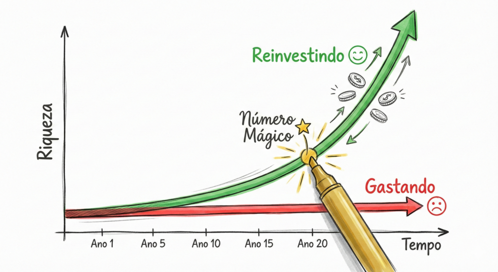 Gráfico mostrando a diferença entre gastar e reinvestir dividendos de FIIs para atingir o Número Mágico.