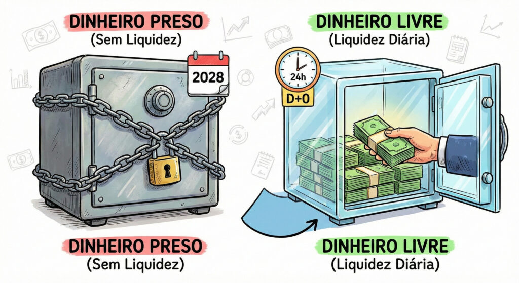 Ilustração comparando dois cofres. O da esquerda está trancado com correntes e um calendário para 2028, rotulado "DINHEIRO PRESO (Sem Liquidez)". O da direita é transparente e está aberto, com uma mão pegando dinheiro, rotulado "DINHEIRO LIVRE (Liquidez Diária)" e um ícone de 24h/D+0.
