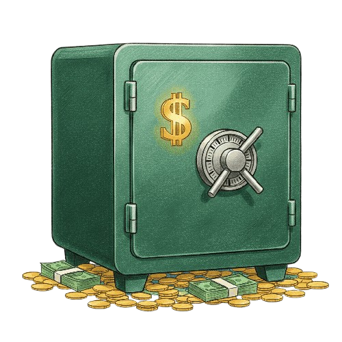 Imagem de um cofre, representado o patrimônio.