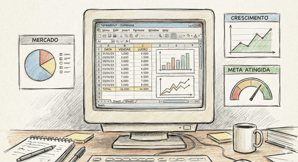Imagem de tela de computador com planilhas e paineis.