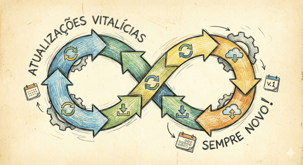 Imagem de um símbolo infinito, com texto de atualizações vitalícias.
