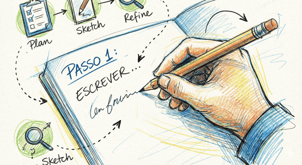 Imagem de uma mão escrevendo, como se seguindo um passo a passo.