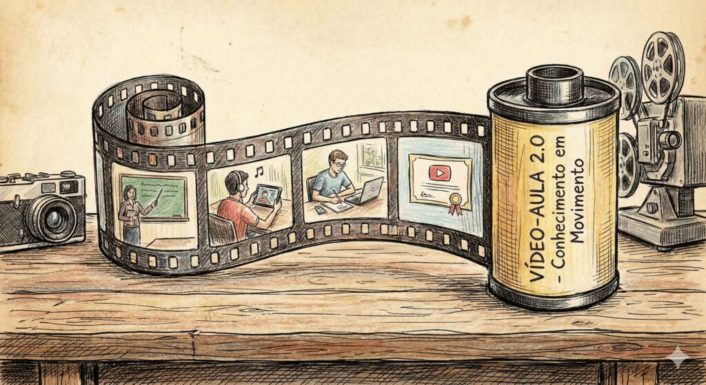 Imagem ilustrada de um rolo de filme, representando uma vídeo-aula.