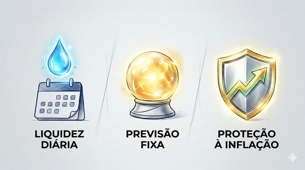 Ilustração 3D minimalista representando as três escolhas de rentabilidade: uma gota d'água para liquidez, uma bola de cristal para previsibilidade e um escudo para proteção. Imagem visual para ajudar o investidor iniciante a entender na prática o que é cdb e como funciona.
