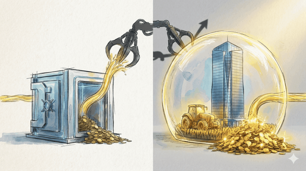 Ilustração comparando o rendimento líquido. Do lado esquerdo (CDB), uma garra mecânica rouba moedas de ouro do fluxo de rendimento. Do lado direito (LCI/LCA), um escudo protetor garante que todo o fluxo de moedas de ouro chegue intacto ao destino.