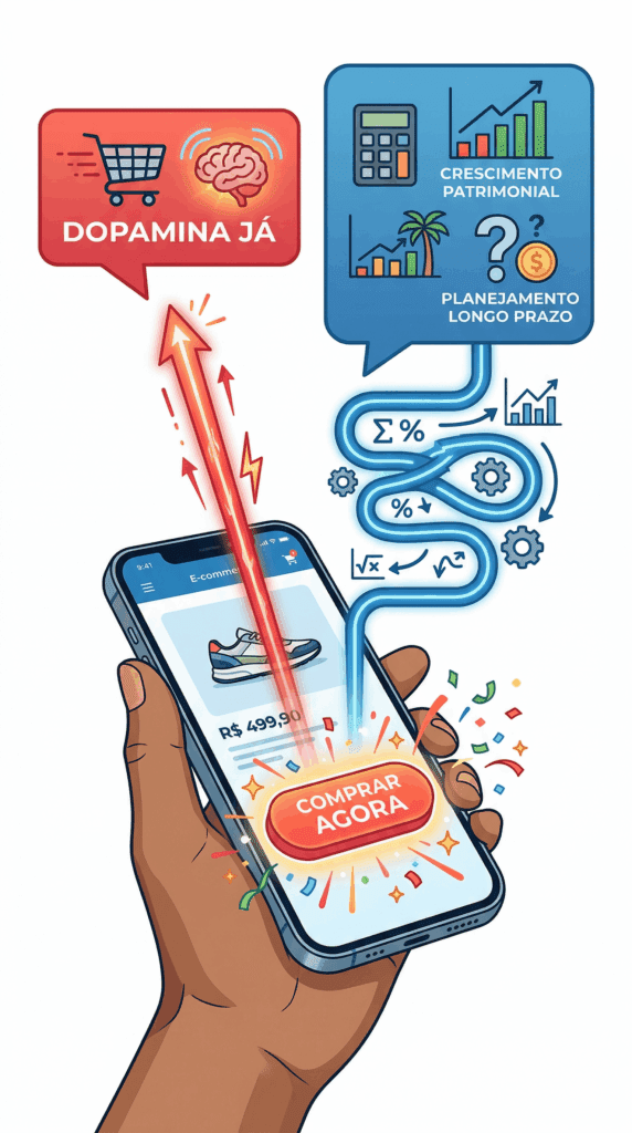 Ilustração digital de uma pessoa segurando um smartphone com um botão de compra. Duas rotas de pensamento saem da tela: uma vermelha, rápida e impulsiva (Sistema 1), e outra azul, lenta e analítica (Sistema 2), ilustrando os conceitos de finanças comportamentais.