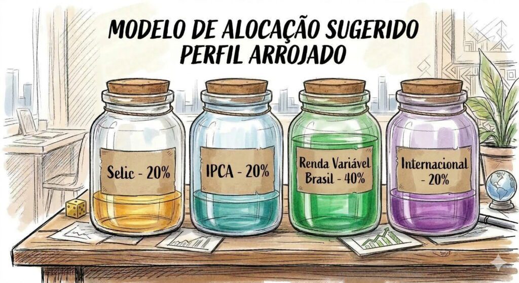 Mapa visual do Perfil Arrojado: O motor de multiplicação de patrimônio. 60% da carteira estão dedicados ao crescimento acelerado (Potes 3 e 4), com a segurança servindo apenas como suporte tático e proteção da inflação.