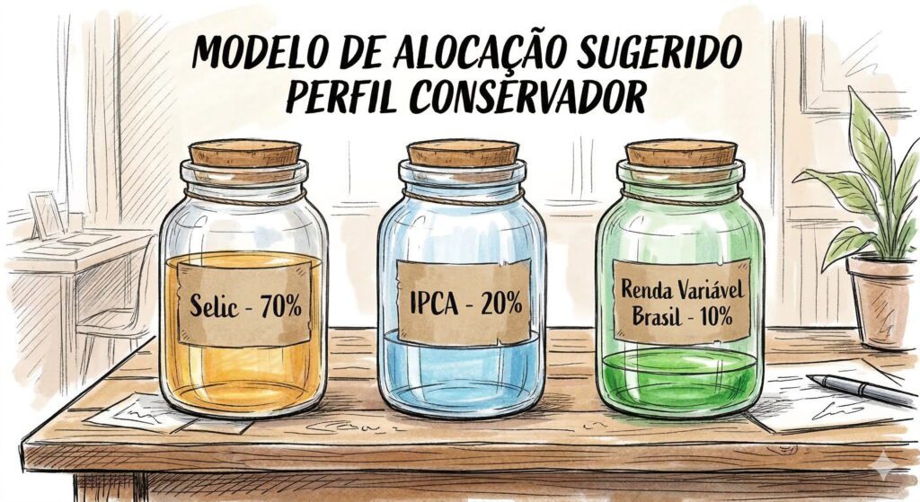 Mapa visual do Perfil Conservador: 70% de foco na segurança imediata (Pote 1), 20% em proteção da inflação (Pote 2) e apenas 10% táticos em crescimento (Pote 3). A base é a estabilidade.