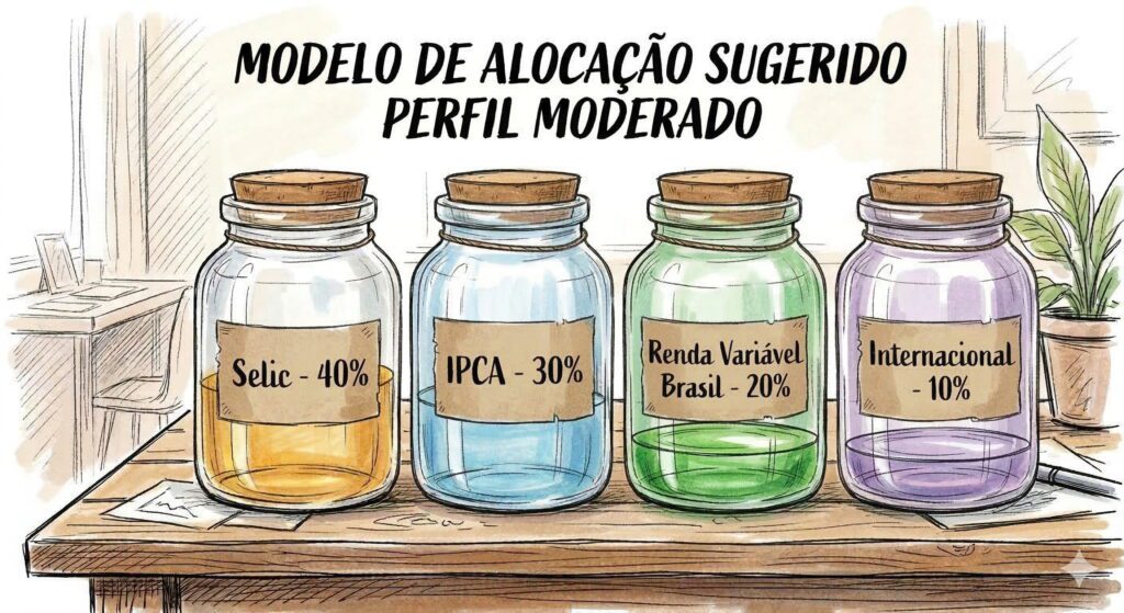 Mapa visual do Perfil Moderado: O equilíbrio exato entre proteção e crescimento. 70% da carteira foca em renda e inflação (Potes 1 e 2), o restante em multiplicação de patrimônio no Brasil e no exterior (Potes 3 e 4).