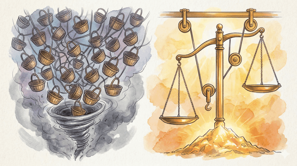Ilustração em estilo sketch e aquarela dividida em duas partes. À esquerda, cestas caindo juntas num vórtice cinzento, representando a pulverização. À direita, um sistema equilibrado de balanças e roldanas iluminado por uma luz dourada, onde a descida de um lado faz o outro subir, mantendo o pilar central estável, representando a descorrelação.