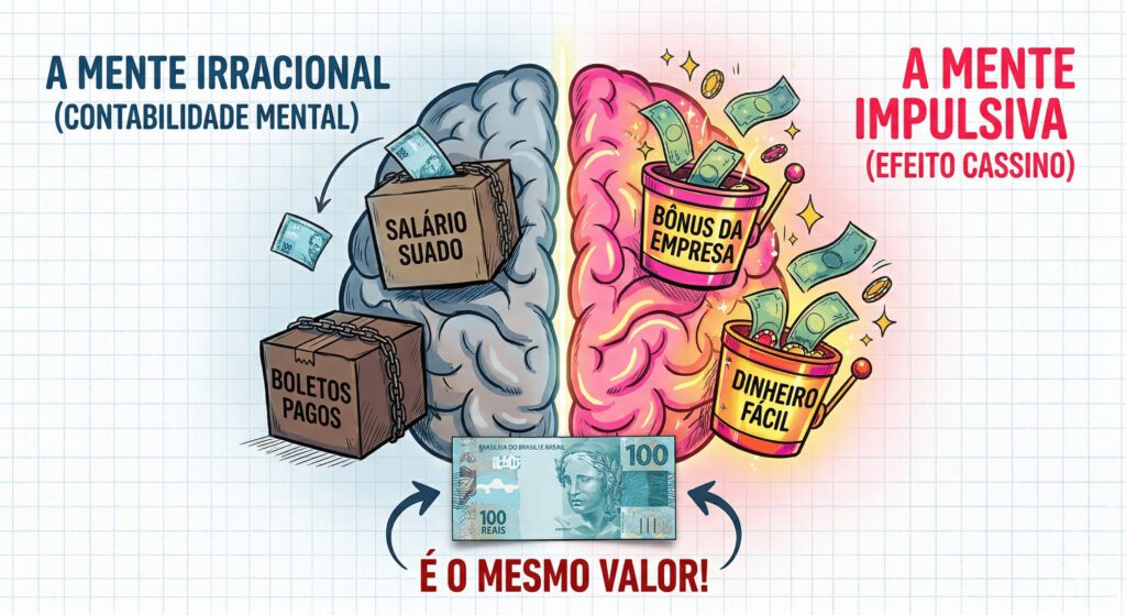 Infográfico em estilo sketch colorido mostrando um cérebro dividido, relacionando a psicologia do dinheiro. O lado esquerdo rotula o salário como 'dinheiro suado' e o lado direito rotula o bônus como 'dinheiro fácil' de cassino. Uma nota de R$ 100 no centro enfatiza que o valor é o mesmo.