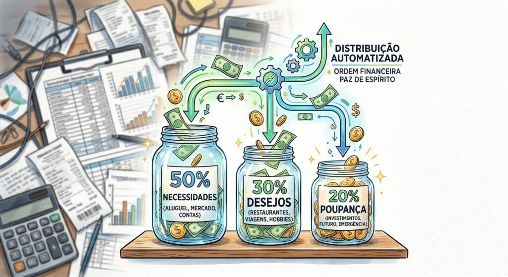 Ilustração em estilo sketch colorido mostrando o alívio de trocar planilhas financeiras complexas por um sistema simples de três potes para dividir o salário, baseado na regra 50 30 20.