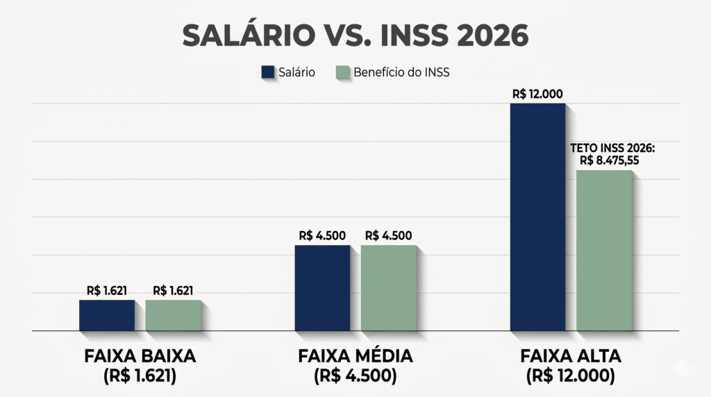 "Gráfico mostrando a diferença entre salário ativo e benefício do INSS para diferentes faixas salariais em 2026