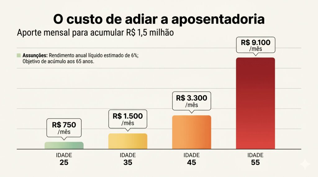 Gráfico do custo de adiar: aportes mensais necessários para acumular R$ 1,5 milhão começando aos 25, 35, 45 e 55 anos