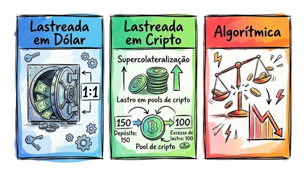 Infográfico explicando stablecoin o que é e como funcionam os três tipos: lastreada em dólar, lastreada em cripto e algorítmica.