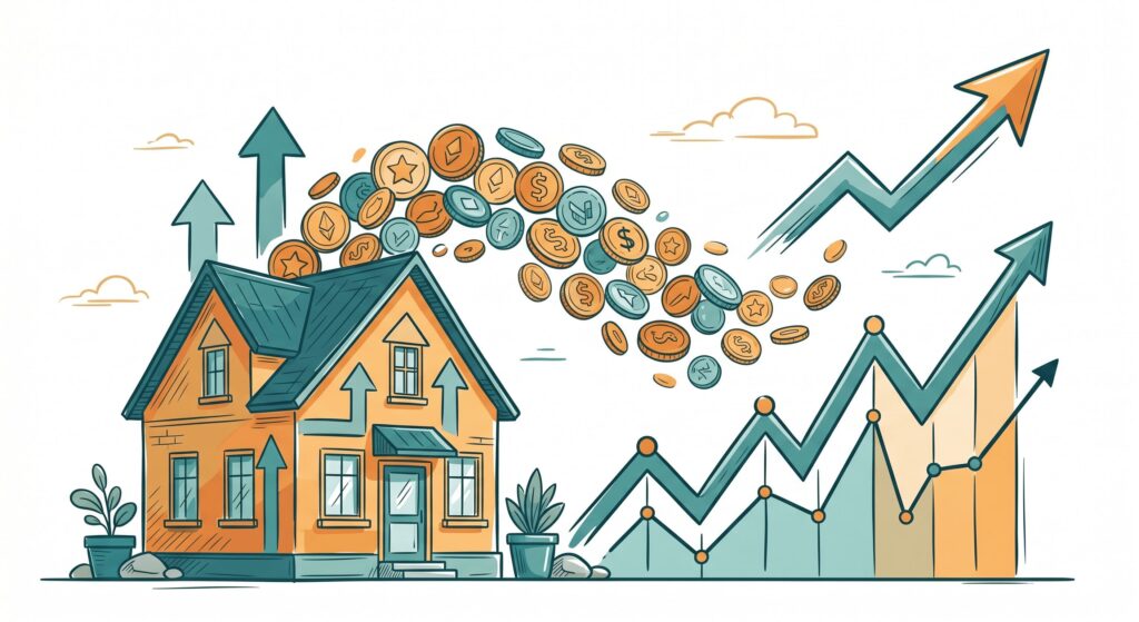 Ilustração de imóvel e gráfico de crescimento com moedas representando renda gerada por patrimônio e investimentos