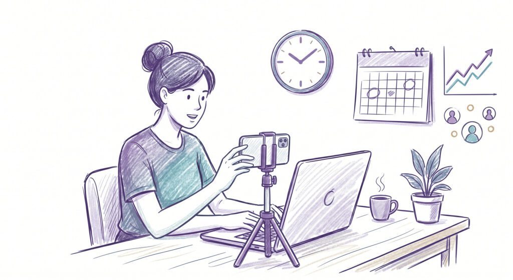 Ilustração de pessoa criando conteúdo digital com gráfico de crescimento de audiência ao fundo