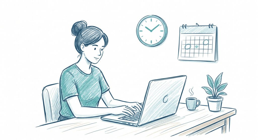 Ilustração de freelancer trabalhando no computador em casa com calendário e relógio ao fundo representando flexibilidade de horário.