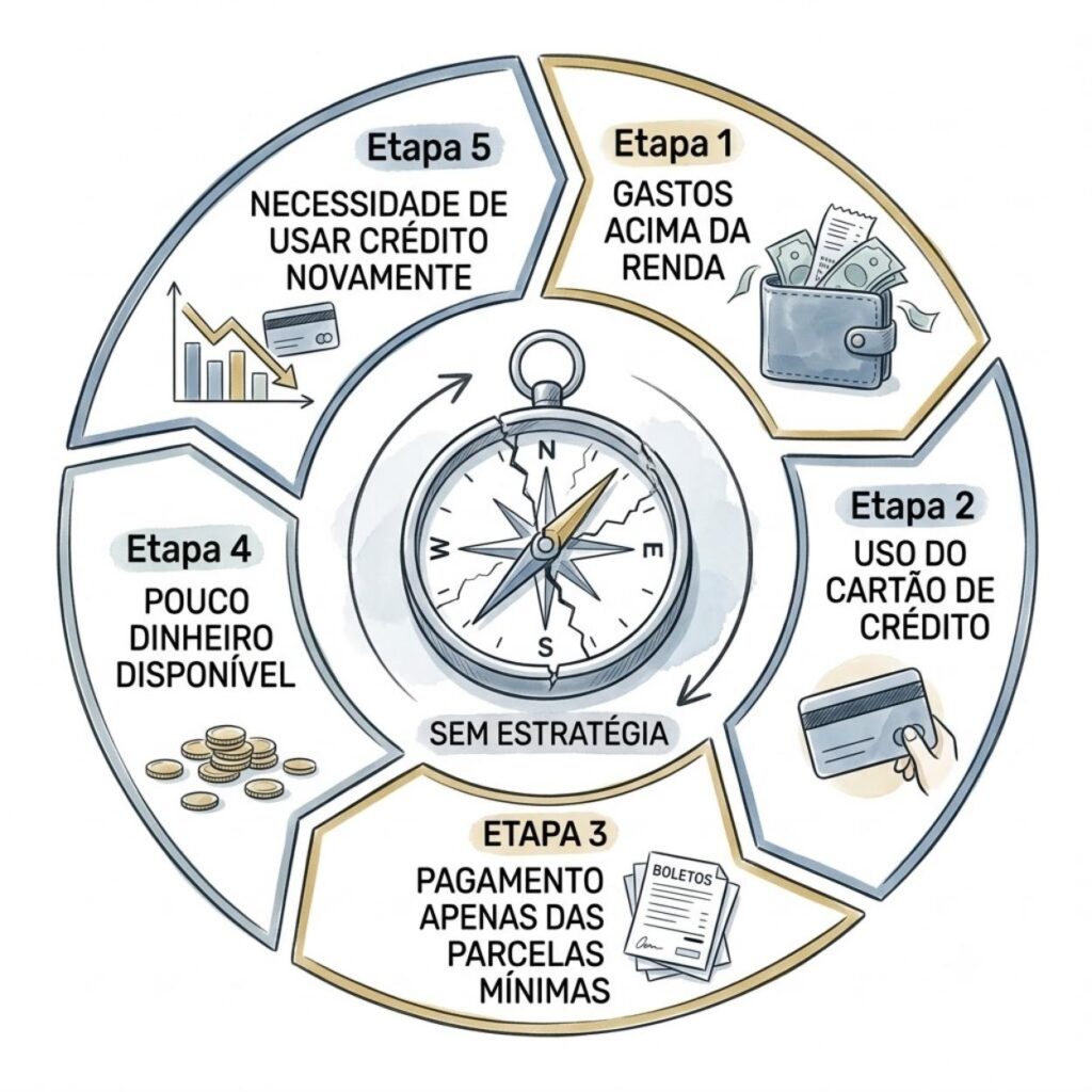 Diagrama circular mostrando o ciclo do endividamento causado pelo uso recorrente do crédito e pela falta de planejamento financeiro.