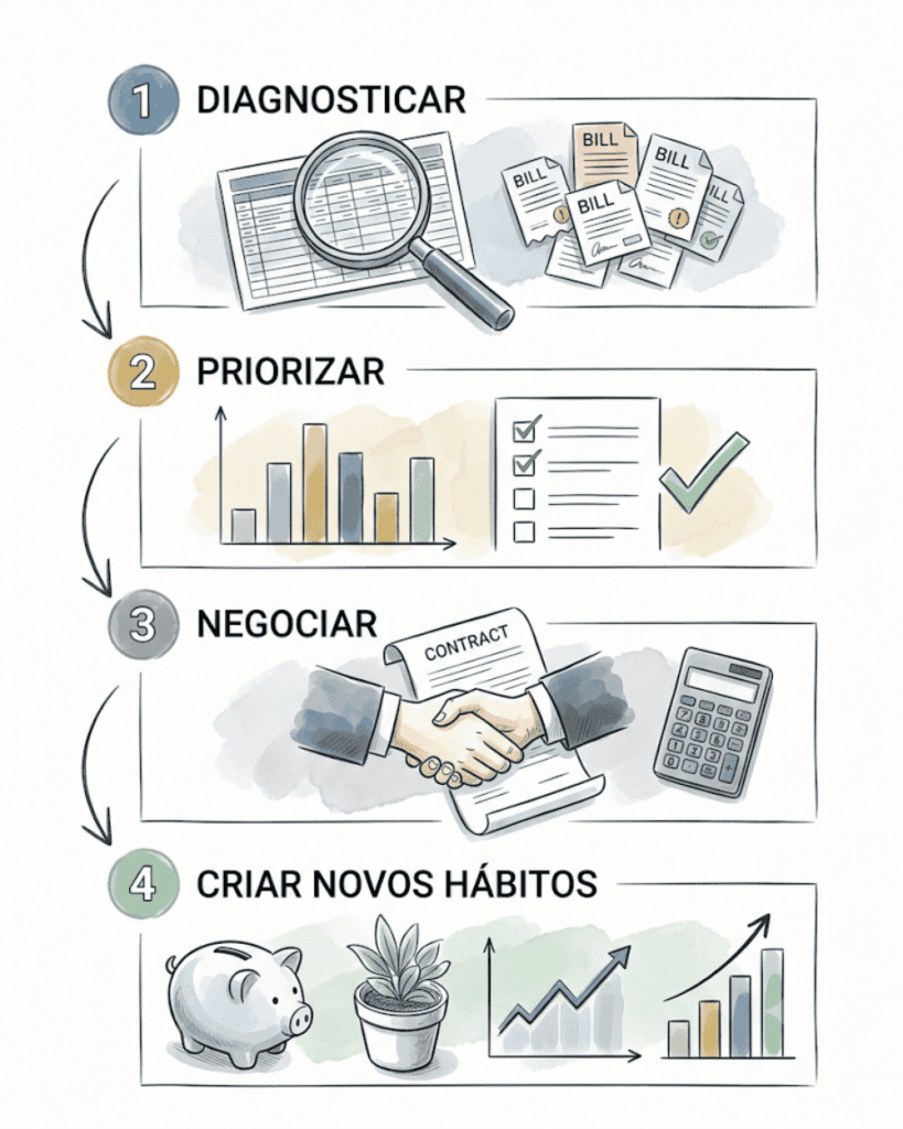 Fluxograma ilustrando as quatro etapas do método para sair das dívidas: diagnosticar, priorizar, negociar e criar novos hábitos financeiros