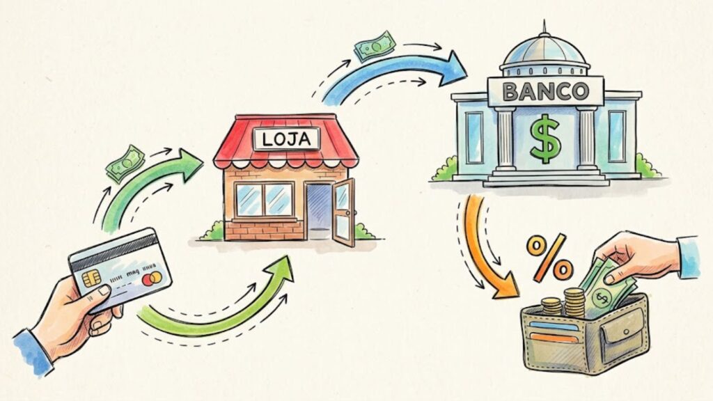 Ilustração em sketch colorido mostrando o fluxo do dinheiro no cashback: da compra no cartão até a devolução parcial da taxa ao consumidor.