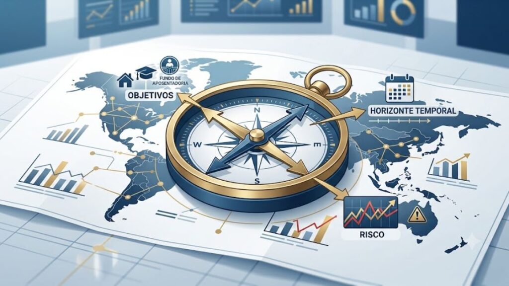 Bússola posicionada sobre um mapa financeiro simbolizando orientação para decisões de investimento.