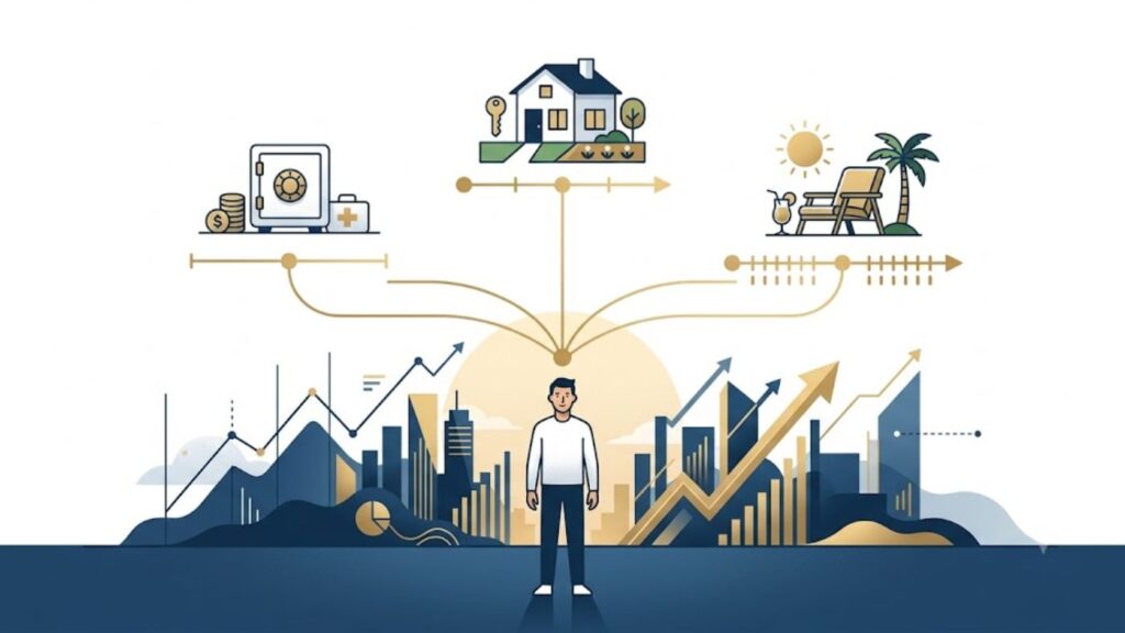 Pessoa conectada a três objetivos financeiros diferentes representando estratégias distintas de investimento.