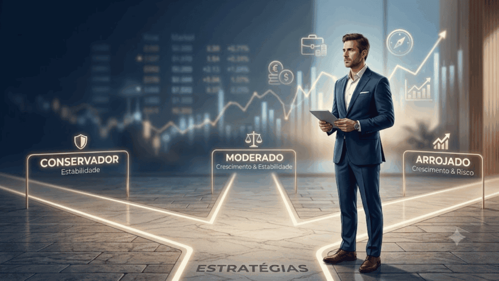 Ilustração de um investidor diante de três caminhos representando os perfis de investimento conservador, moderado e arrojado.